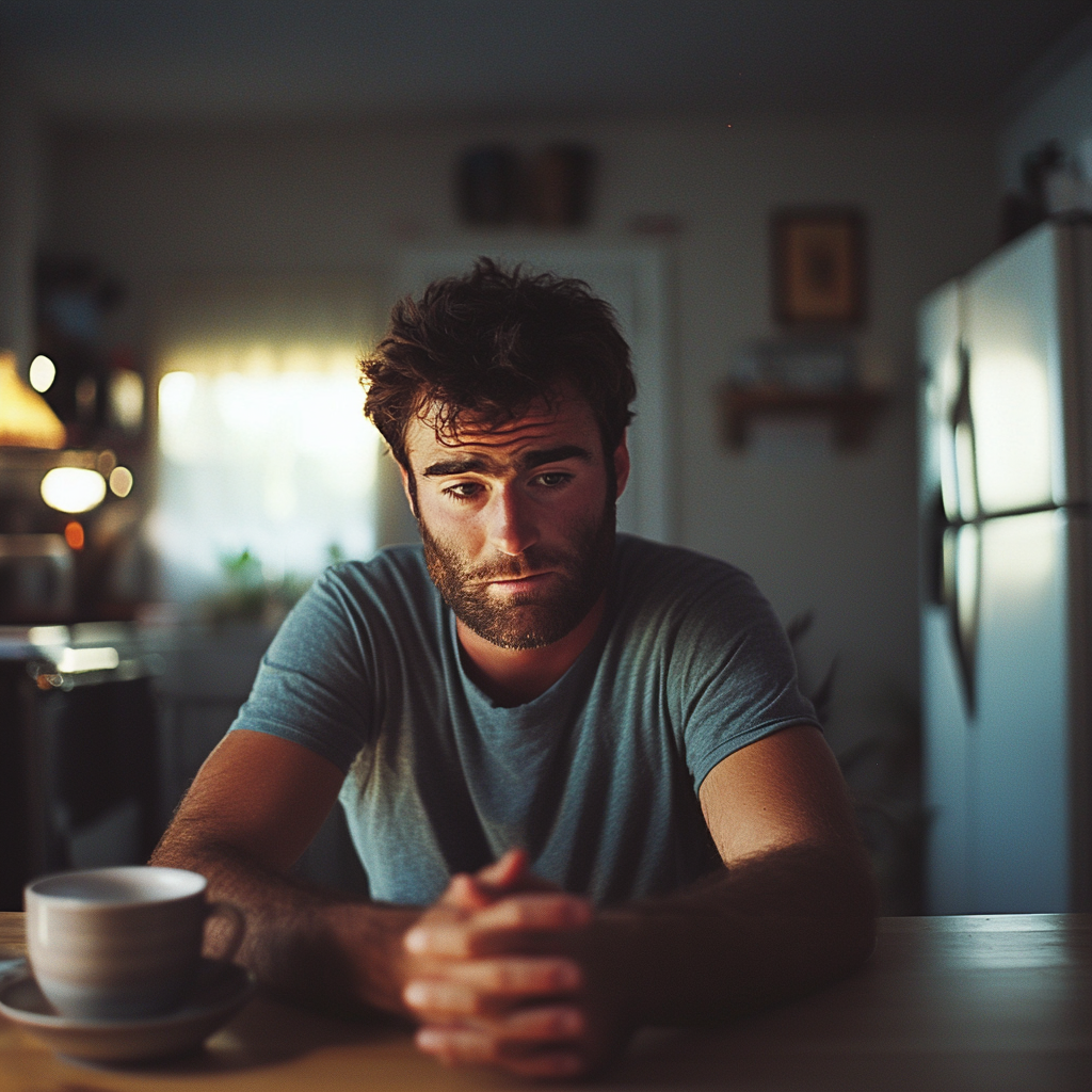 A sad man sitting at a kitchen table | Source: Midjourney