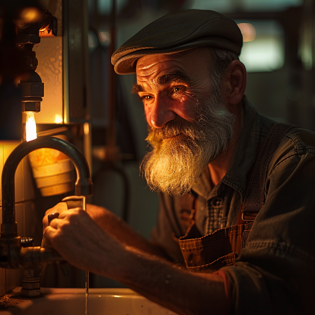 An older man fixing a faucet in the bathroom | Source: Midjourney