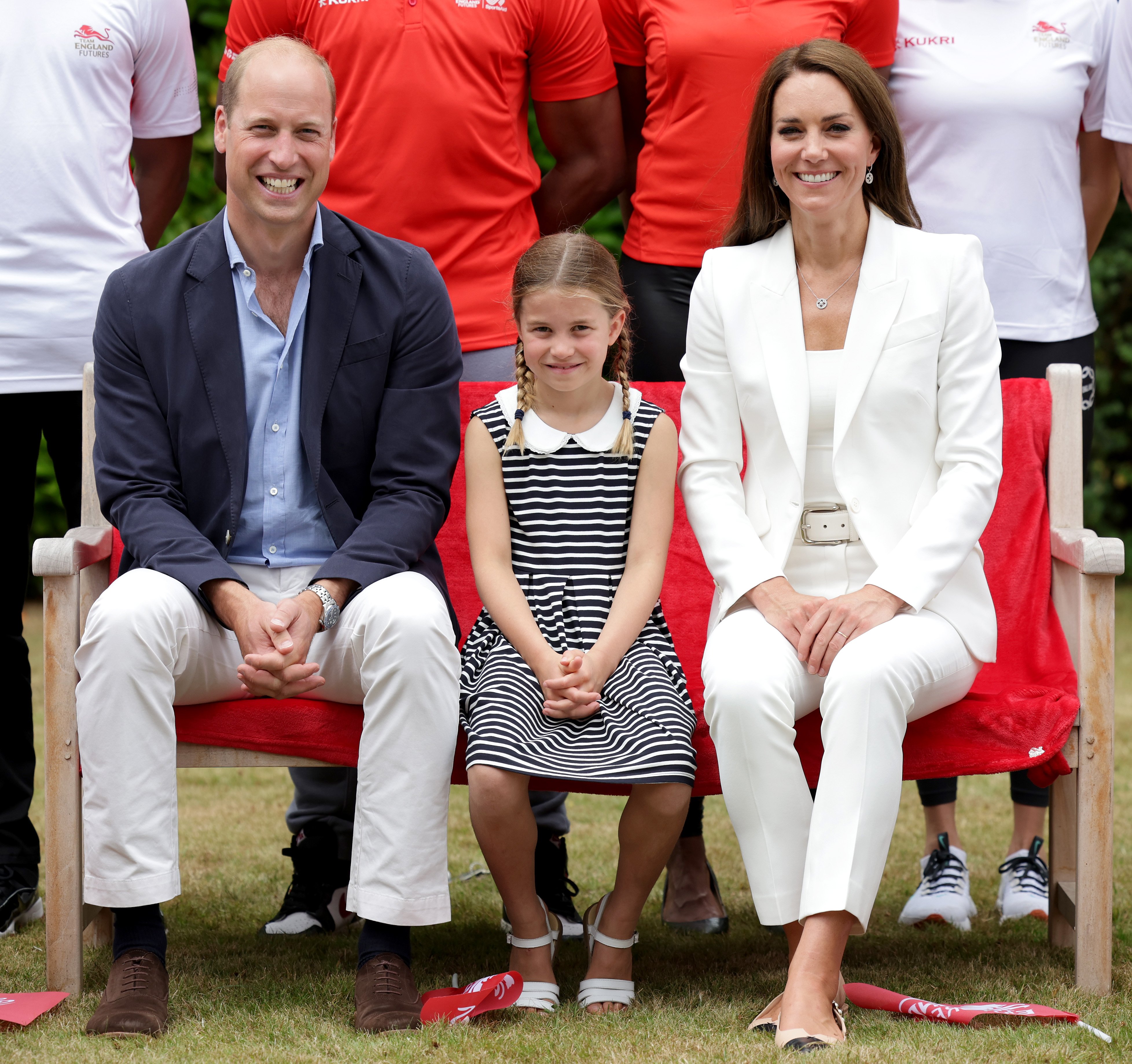 Prince William,Kate Middleton and Princess Charlotte pose for a photograph as they visit Sportsid House at the 2022 Commonwealth Games on August 02, 2022 in Birmingham, England | Source: Getty Images