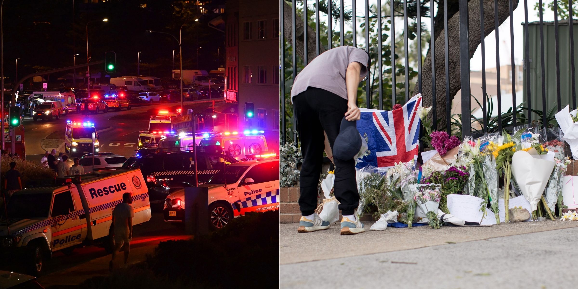 Police and ambulances at the northern end of Campbell Parade in Australia following a shooting incident | A mourner lays flowers near the scene of the mass shooting at Bondi Beach in Sydney, Australia | Source: Getty Images