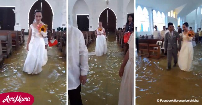 Bride wades through water during monsoon season just to get to groom