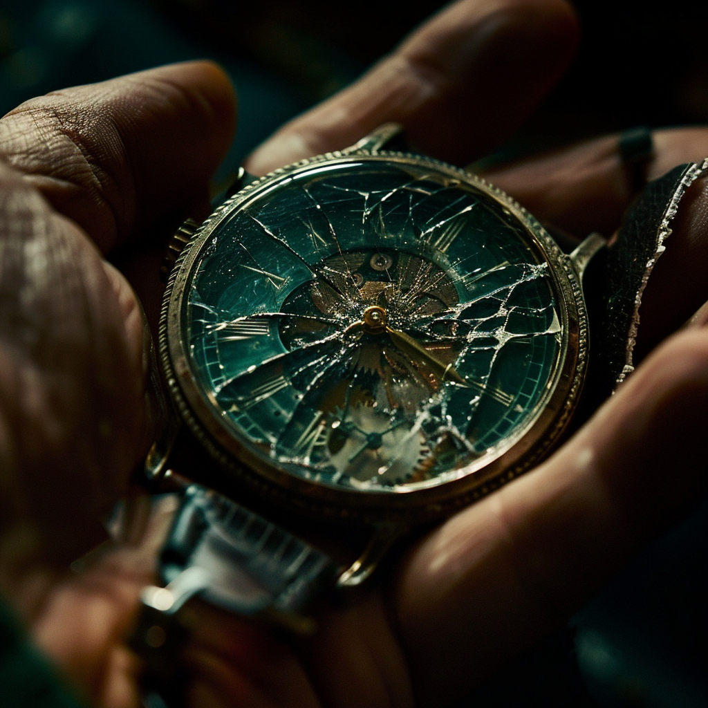 A broken watch held in the palm of a hand | Source: Midjourney
