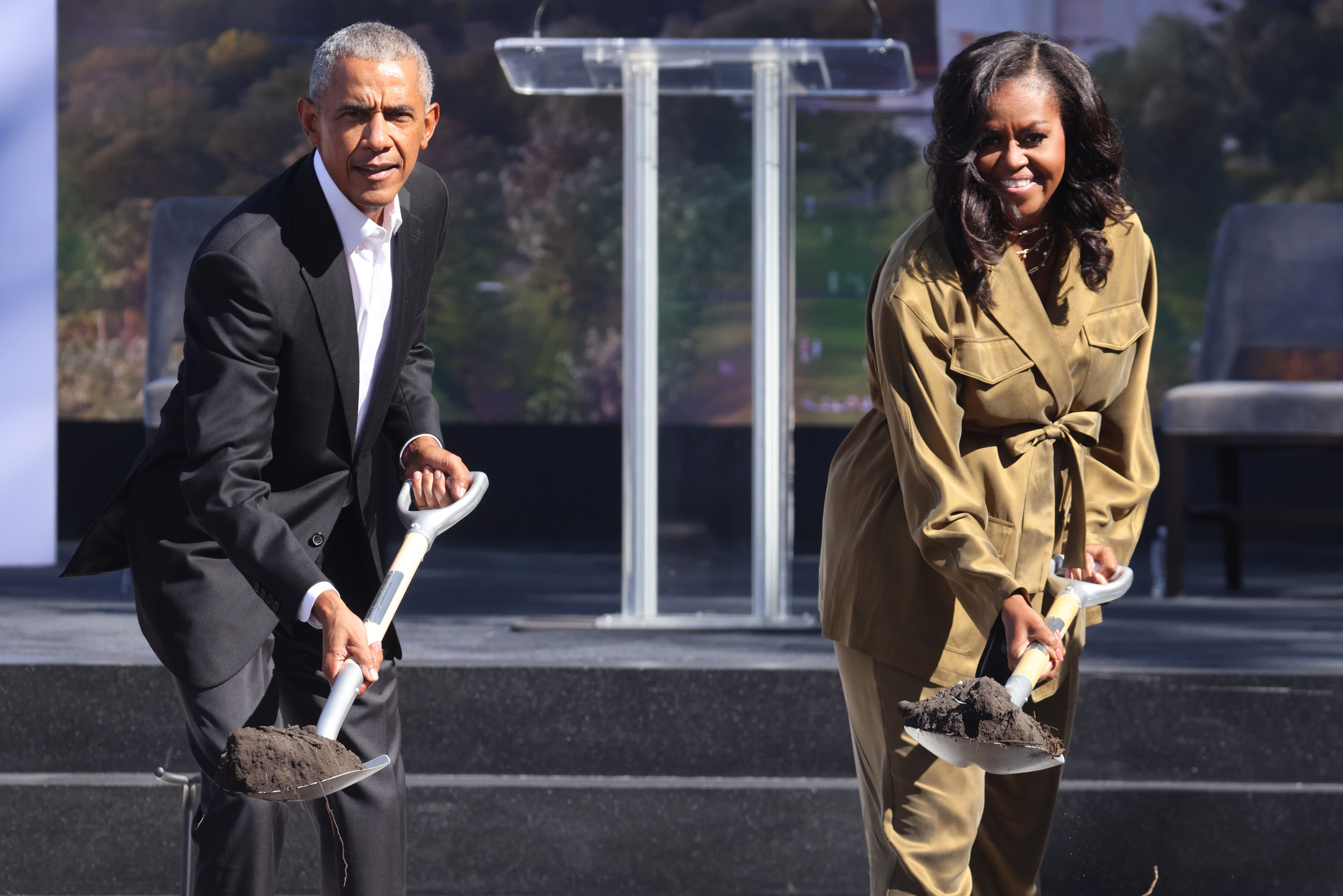 Barack and Michelle Obama during a ceremonial groundbreaking at the Obama Presidential Center in Jackson Park on September 28, 2021, in Chicago, Illinois. | Source: Getty Images