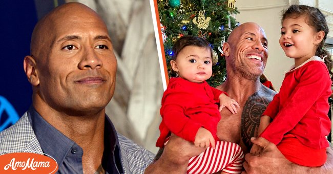 Picture of actor, Dwayne Johnson [left]. Picture of Dwayne Johnson and his kids [right] | Photo: instagram.com/therock || Getty Images