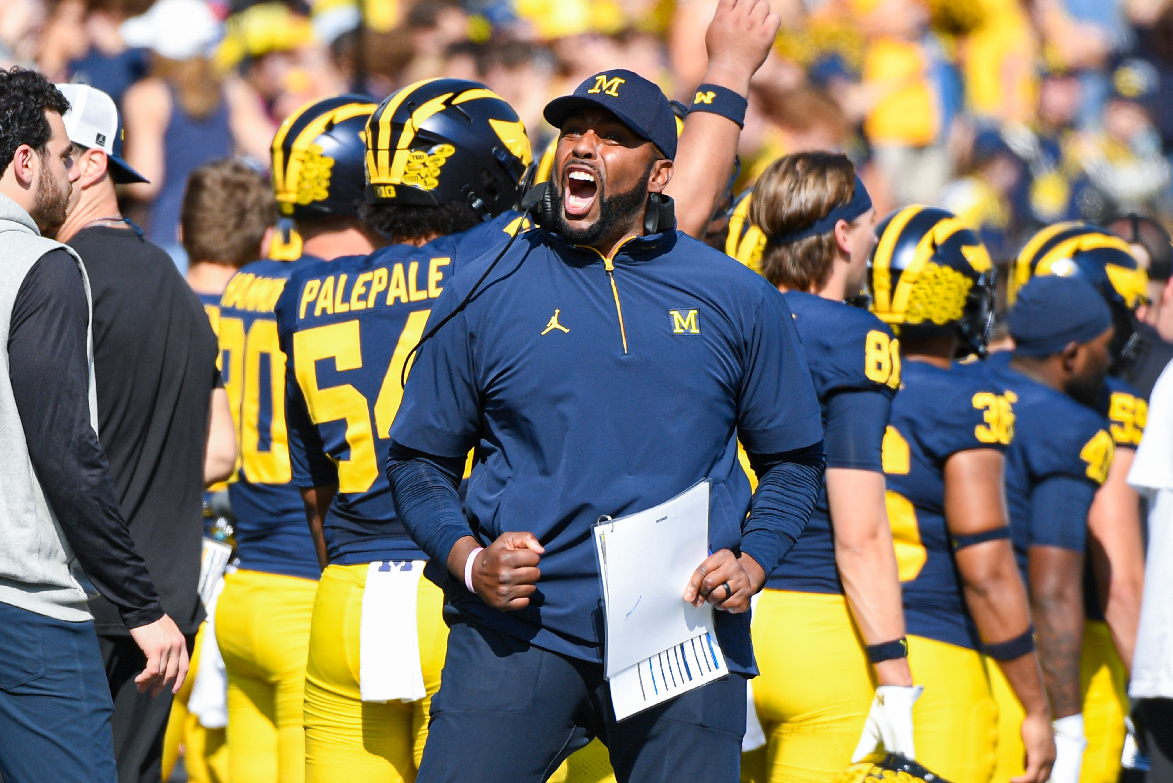 Sherrone Moore reacts during the first half of a college football game against the Washington Huskies on October 18, 2025 | Source: Getty Images