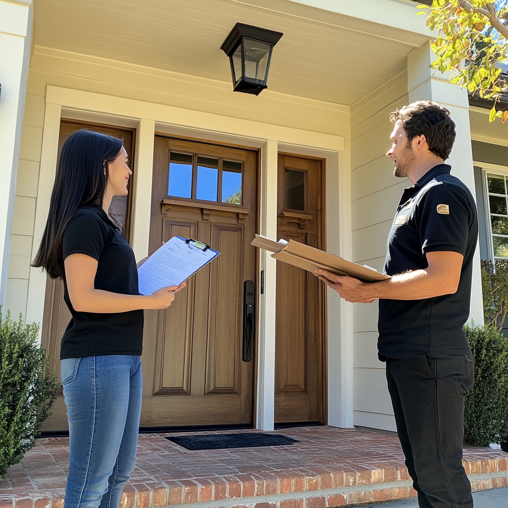 Judges holding clipboards standing outside a house | Source: Midjourney