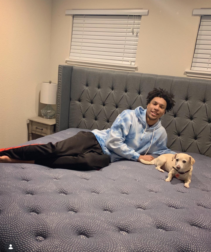 Brandon Clarke relaxes on a large tufted bed beside a small dog inside a bedroom. | Source: Instagram/brandon_clarke23