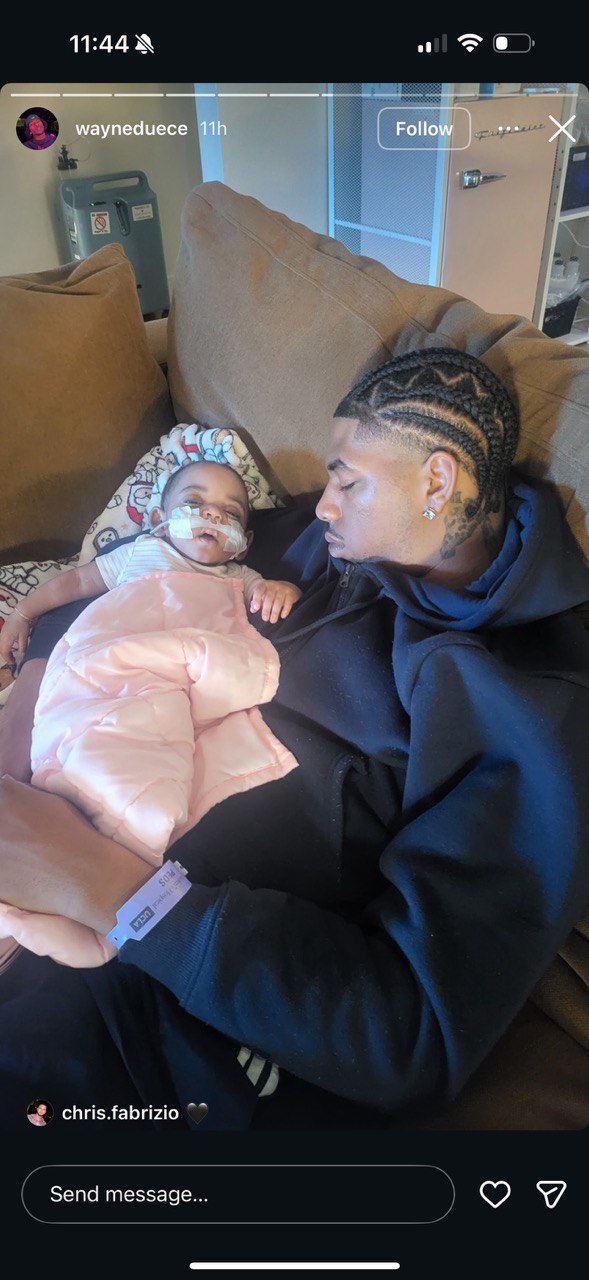 Baby Codi Dreaux asleep on her father's chest, from a post dated February 9, 2026. | Source: Instagram Story/wayneduece