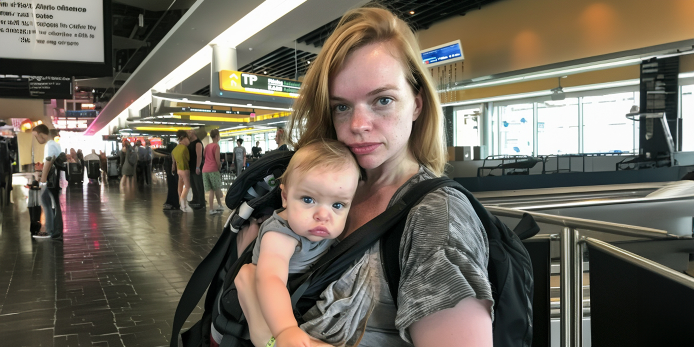 A woman holding a baby in an airport terminal | Source: Amomama