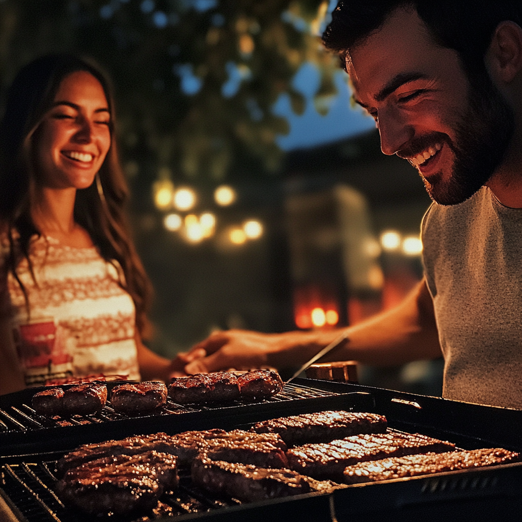 A smiling couple grilling meat | Source: Midjourney