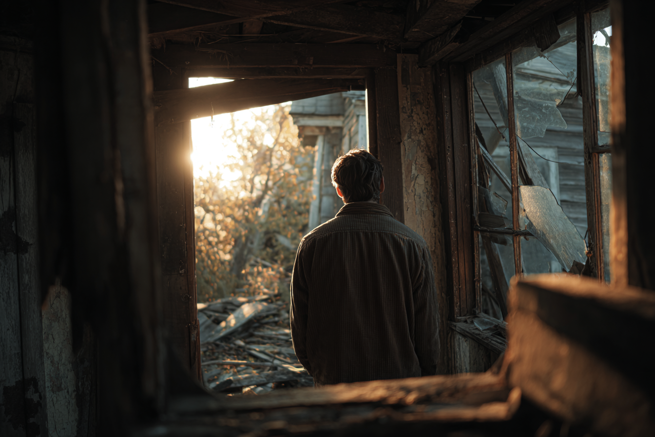 A man standing in an abandoned house | Source: Midjourney