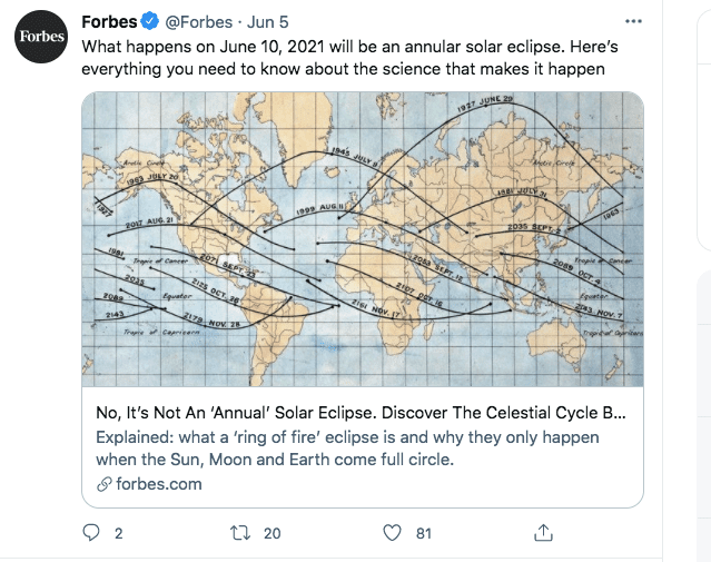 A screenshot of the details of an annular eclipse | Photo: twitter.com/Forbes