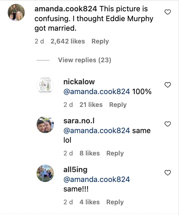 Comments of Carly Fink and Myles Murphy’s wedding photo. | Source: Instagram/ people