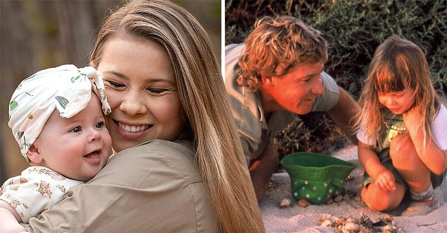 Bindi Irwin holding her daughter Grace Warrior on the left and Steve Irwin with a younger Bindi on the right | Photo: Instagram.com/bindisueirwin