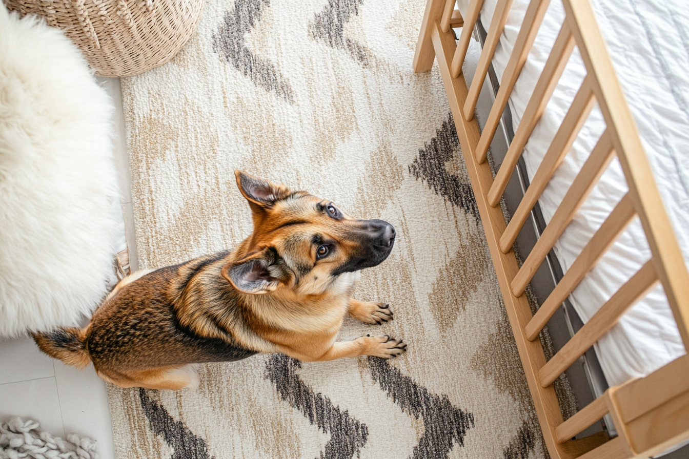 A dog staring at a crib | Source: Midjourney