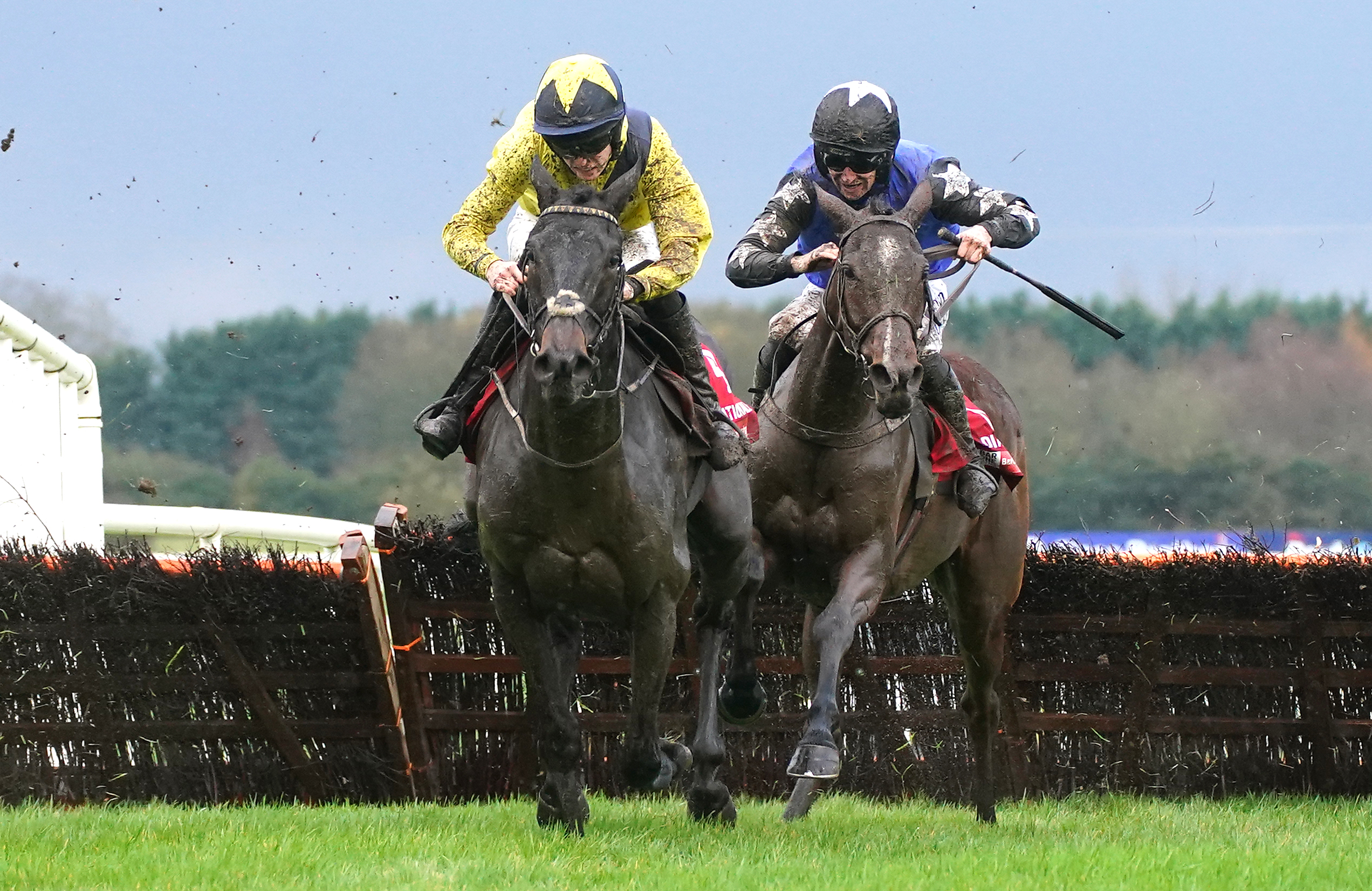 Marine Nationale ridden by jockey Michael O'Sullivan (L) on their way to winning the Bar One Racing Royal Bond Novice Hurdle on day two of the Winter Festival at Fairyhouse Racecourse, County Meath, on December 4, 2022 | Source: Getty Images