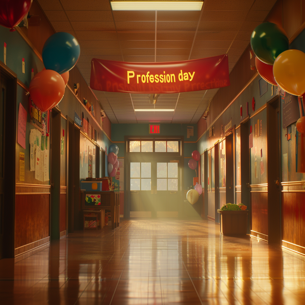 A vibrant school hallway on Profession Day | Source: Midjourney