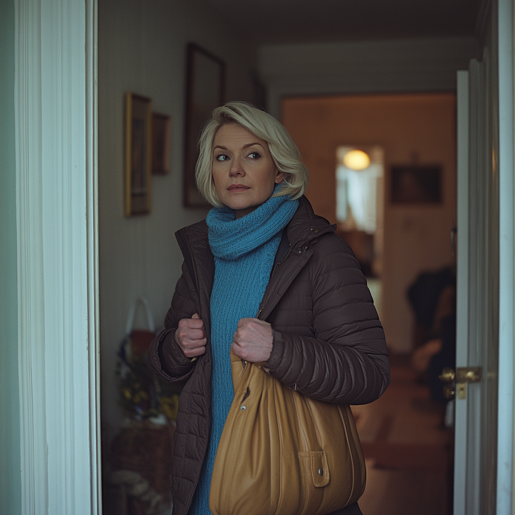 A young woman grabs her coat as she rushes out of her mothers house | Source: Midjourney