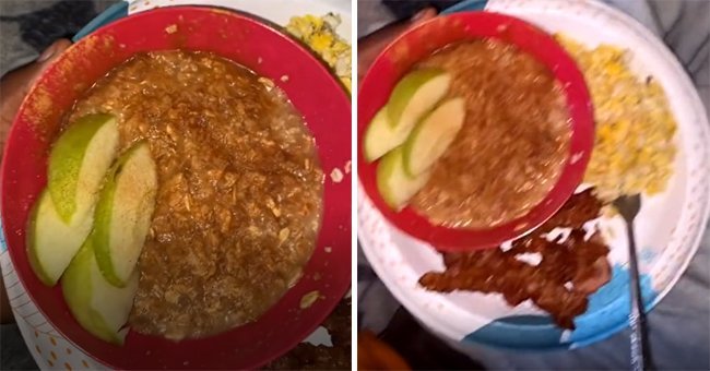 Eine Frau fand ein Video von ihrem Freund, der sich über das Essen lustig machte, das sie ihm zubereitet hatte, das Eier, Speck und Apfel-Zimt-Haferflocken enthielt. | Quelle: TikTok.com/chikitarosee