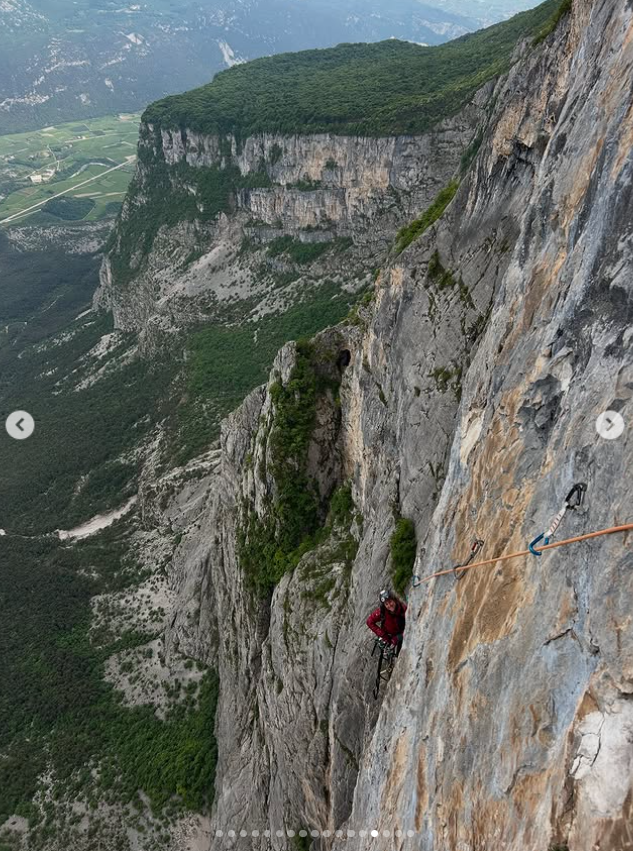 Laura Dahlmeier is seen scaling a towering vertical cliff face, from a post dated June 5, 2025 | Source: Instagram/laura_dahlmeier