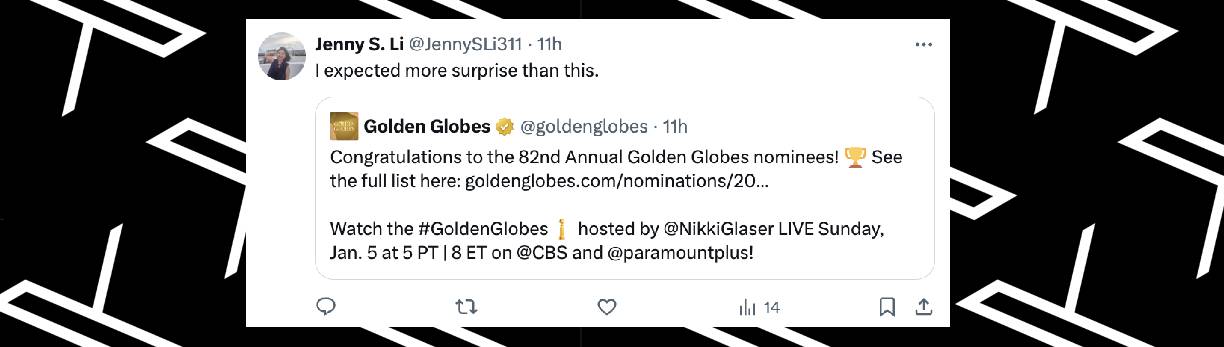 A netizen's reaction after the Golden Globes revealed its 2025 nominations, posted on December 9, 2024 | Source: x.com/JennySLi311