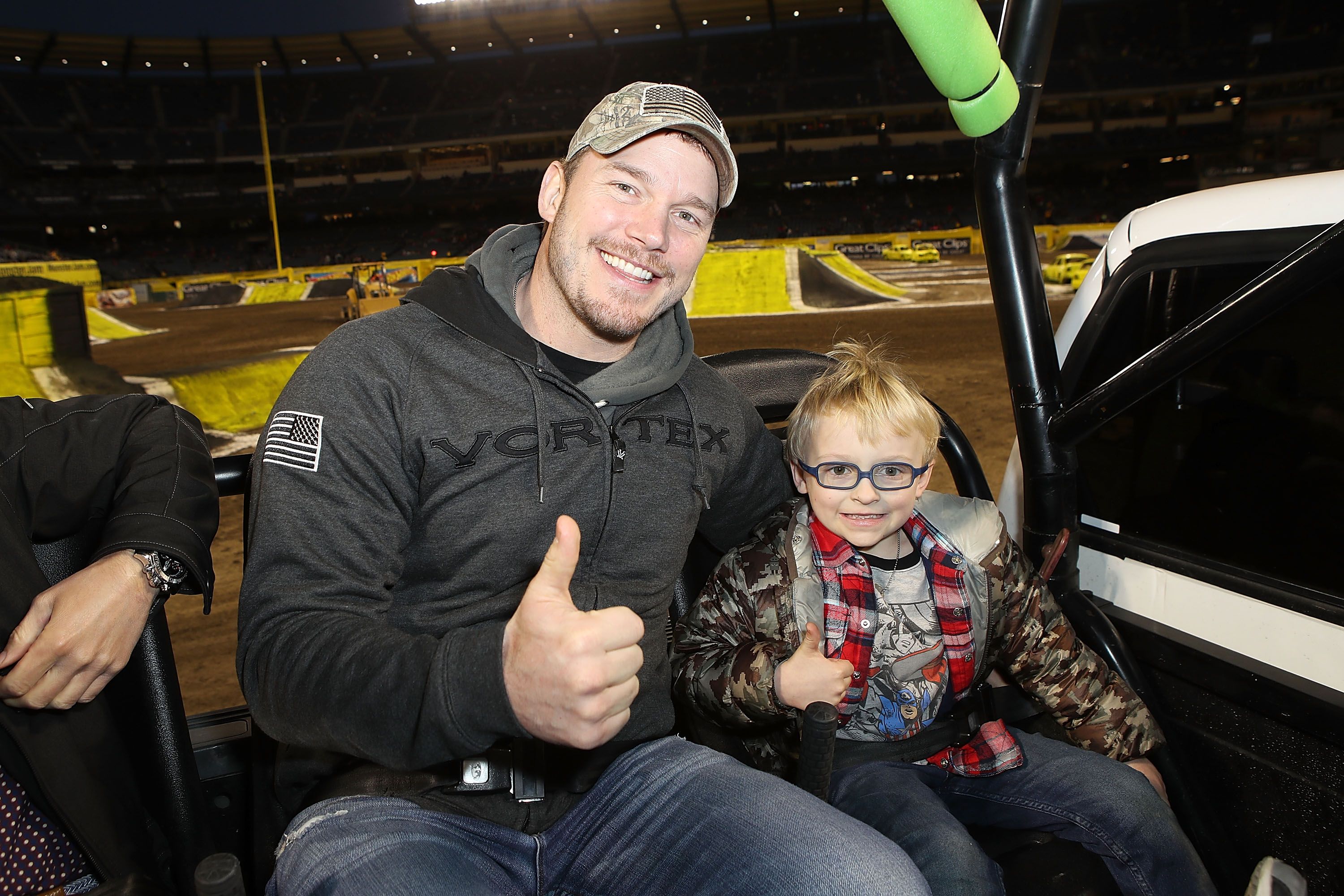 Chris Pratt and son Jack at the Monster Jam Celebrity Event at Angel Stadium in 2018 in Anaheim, California | Source: Getty Images