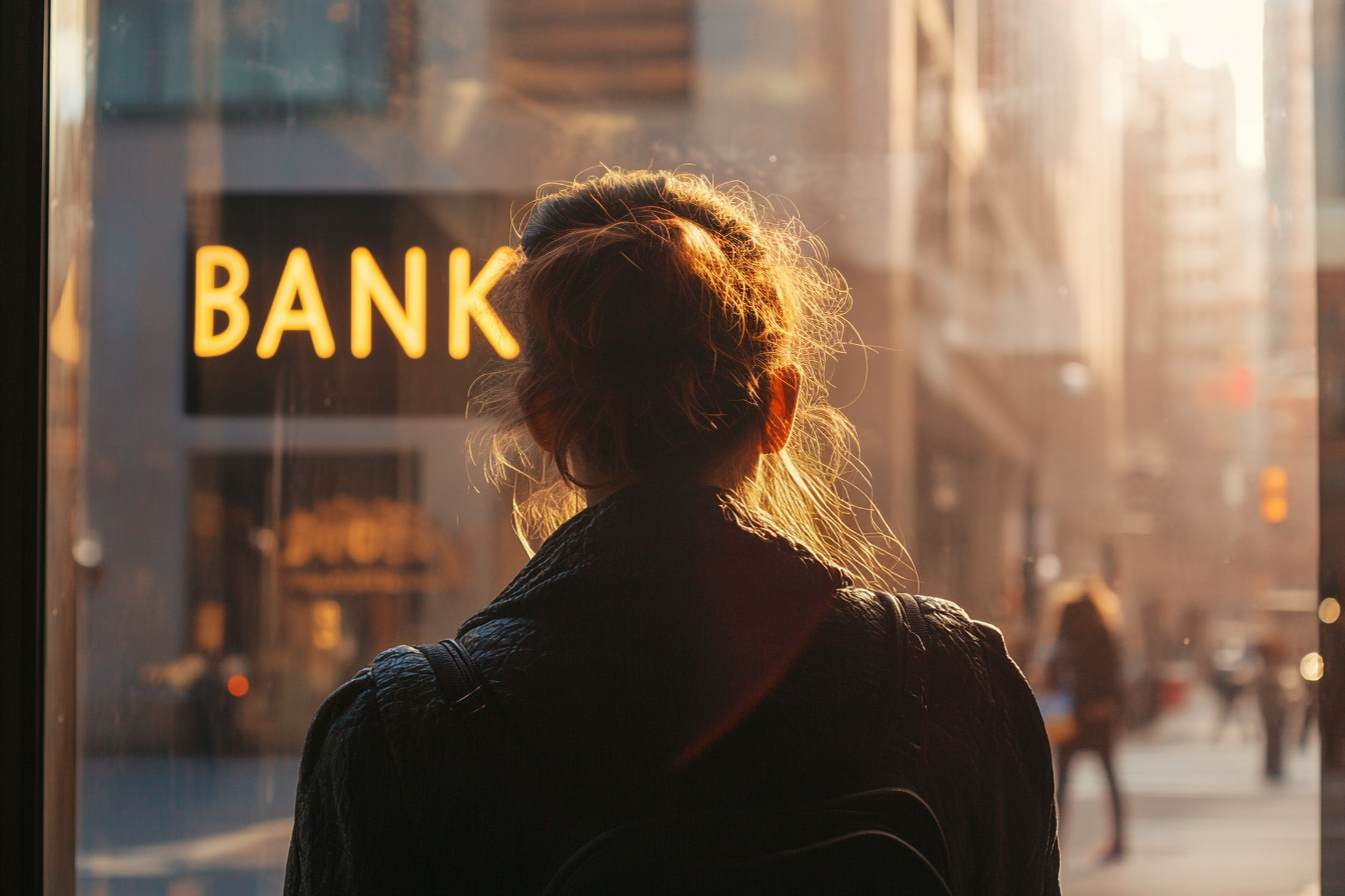 A woman outside a bank | Source: Midjourney