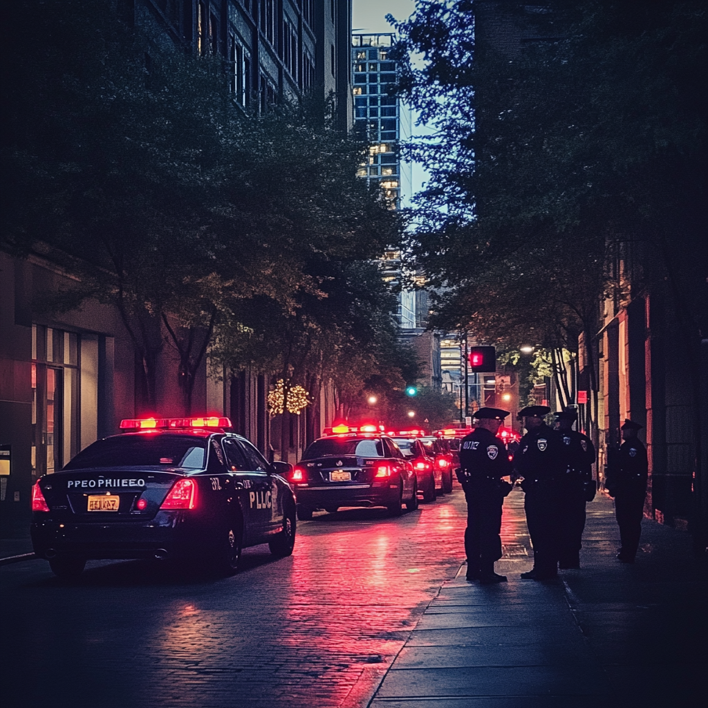 Police cars and policemen in a street | Source: Midjourney