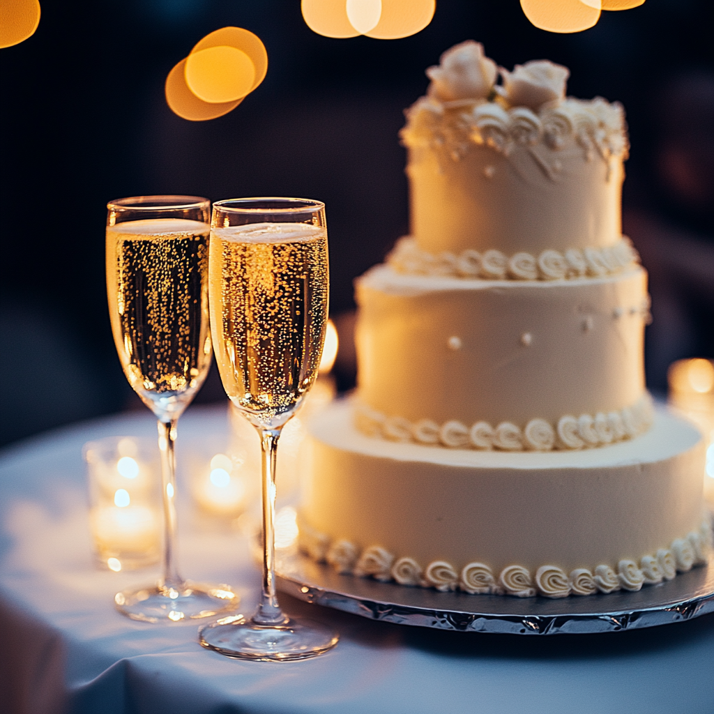 Glasses of champagne next to a wedding cake | Source: Midjourney