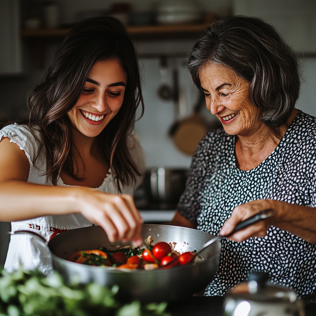 A young woman cooking with her mother-in-law | Source: Midjourney