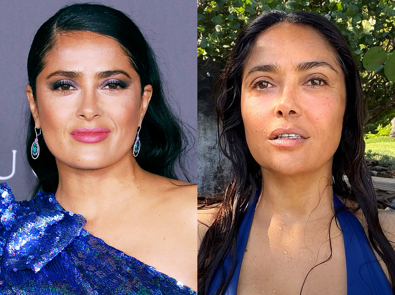 Salma Hayek with makeup vs without makeup | Source: Getty Images | Instagram/salmahayek