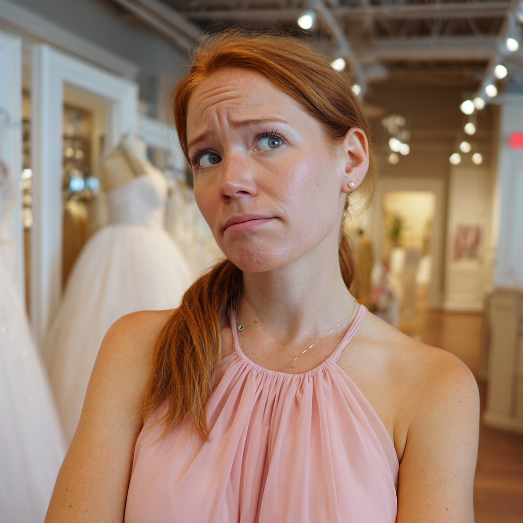 A frowning woman wearing a pink dress | Source: Midjourney