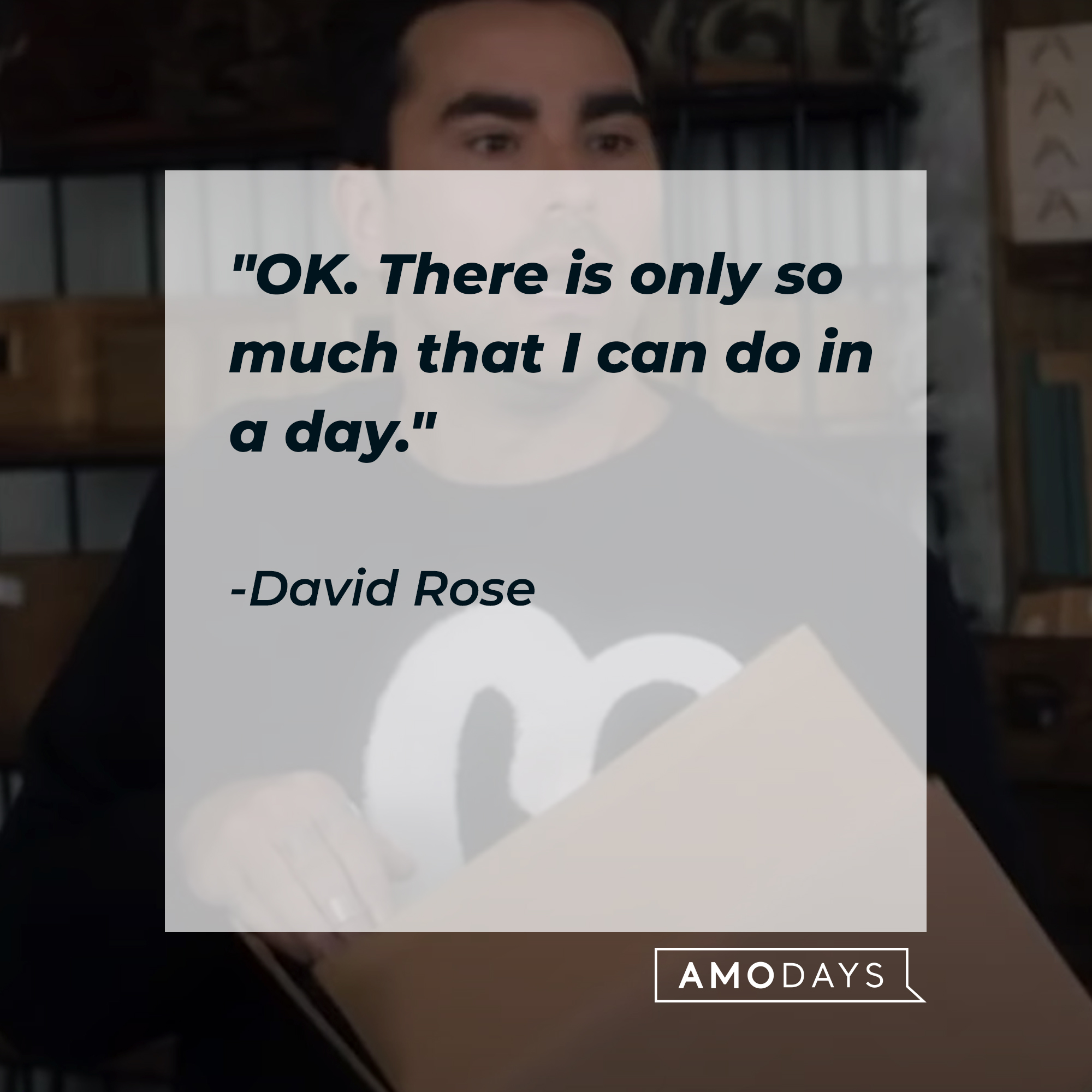 A photo of David Rose with the quote, "OK. There is only so much that I can do in a day." | Source: YouTube/PopTVVideo