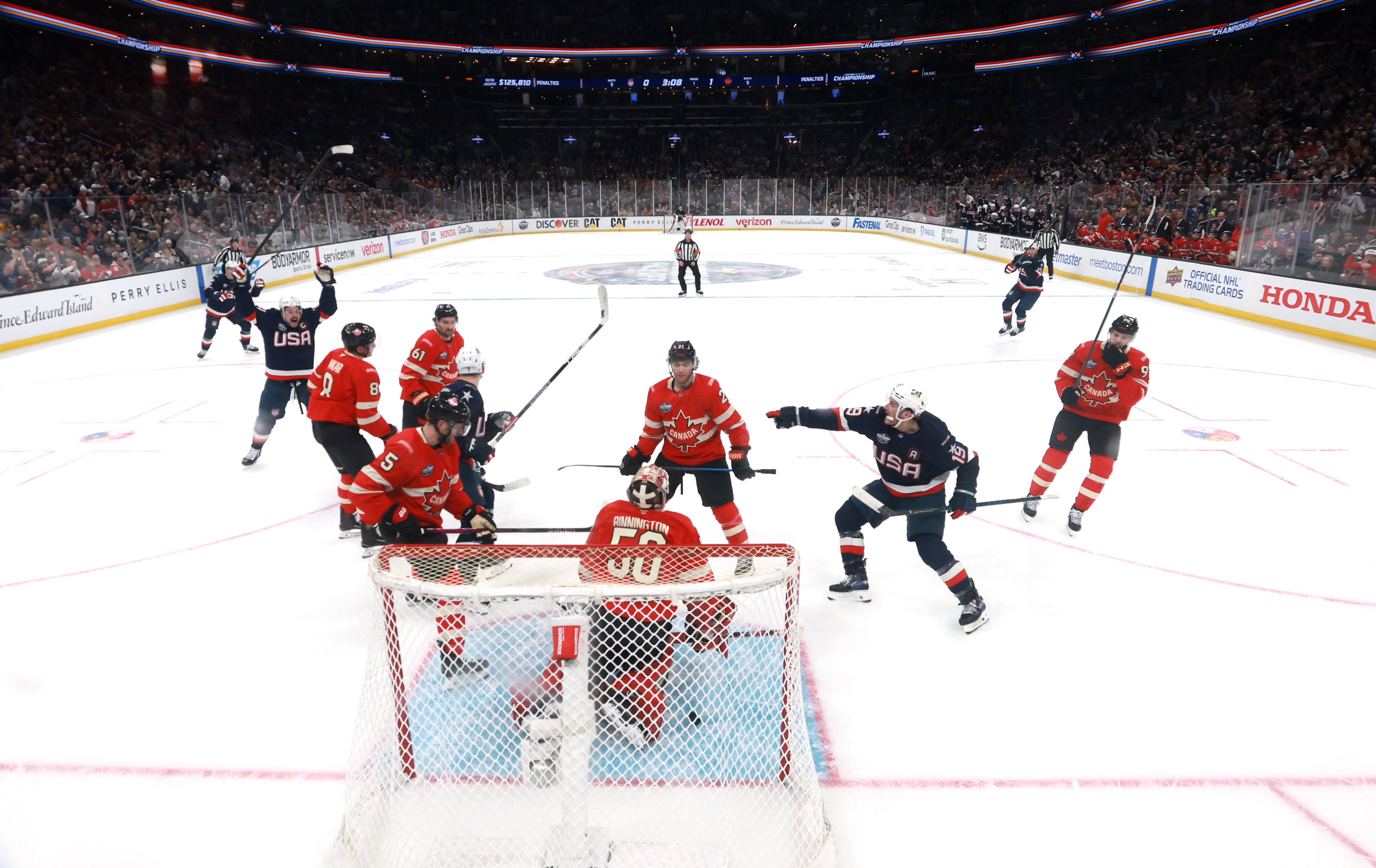 The first period of the 4 Nations Face-Off Championship game between Team Canada and Team United States at TD Garden on February 20, 2025 | Source: Getty Images