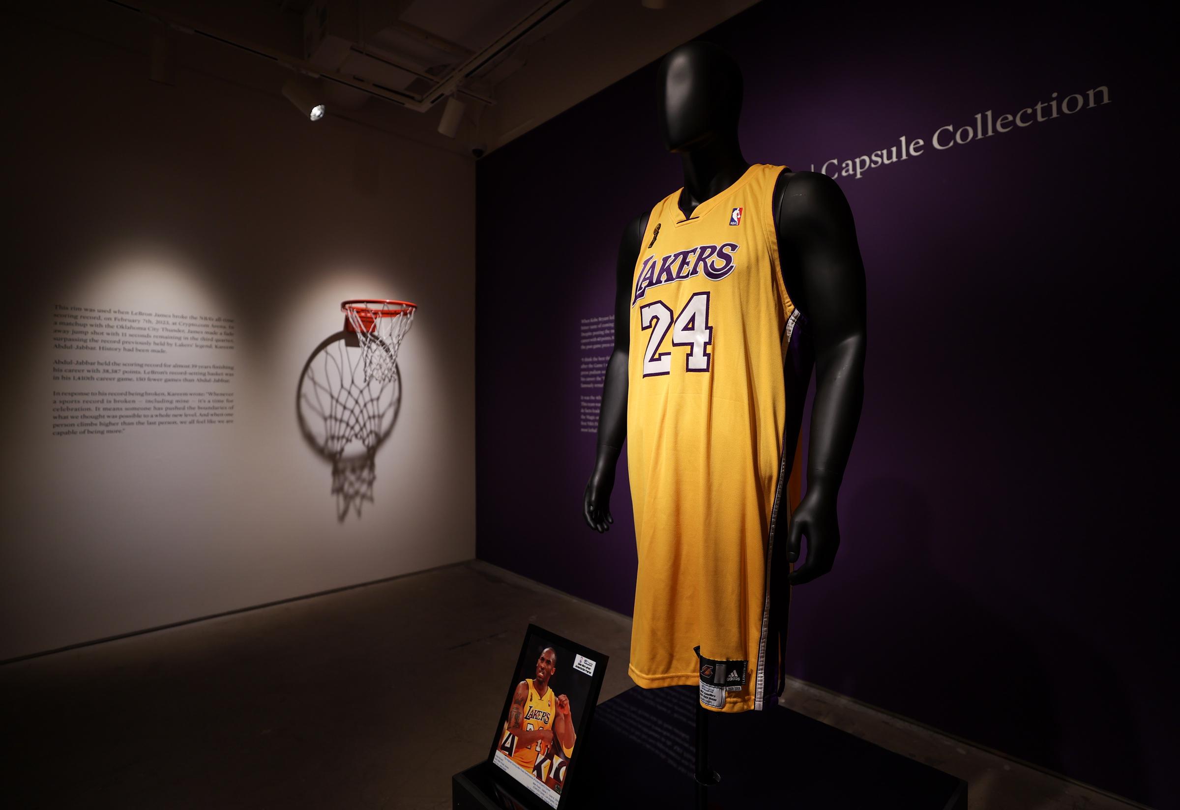 Items used by Kobe Bryant and other sports legends on display at Action House in New York on April 4, 2024. | Source: Getty Images