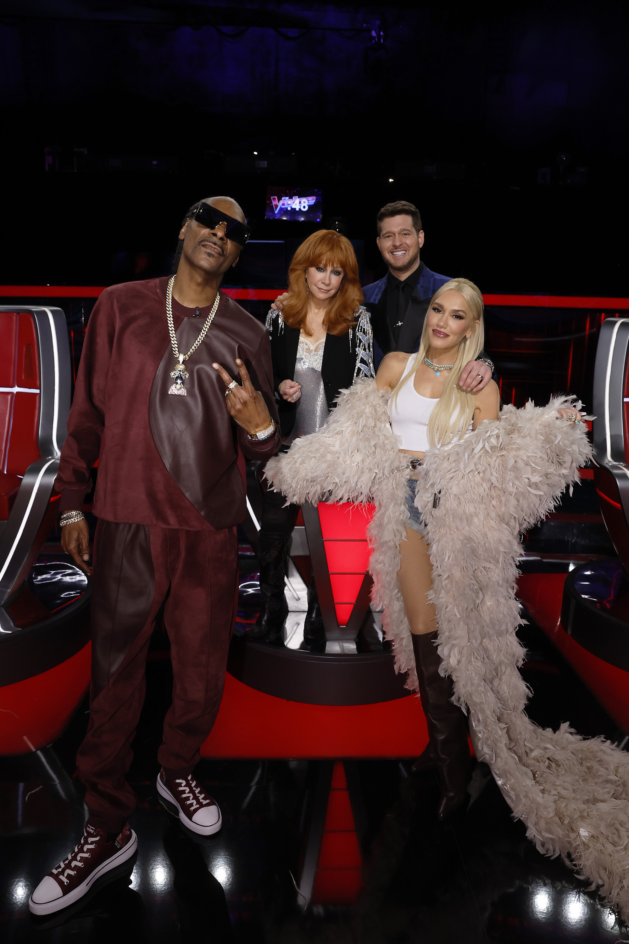 "The Voice" coaches: Snoop Dogg, Reba McEntire, Michael Bublé, and Gwen Stefani during Live Semi-Finals Eliminations on December 3, 2024 | Source: Getty Images