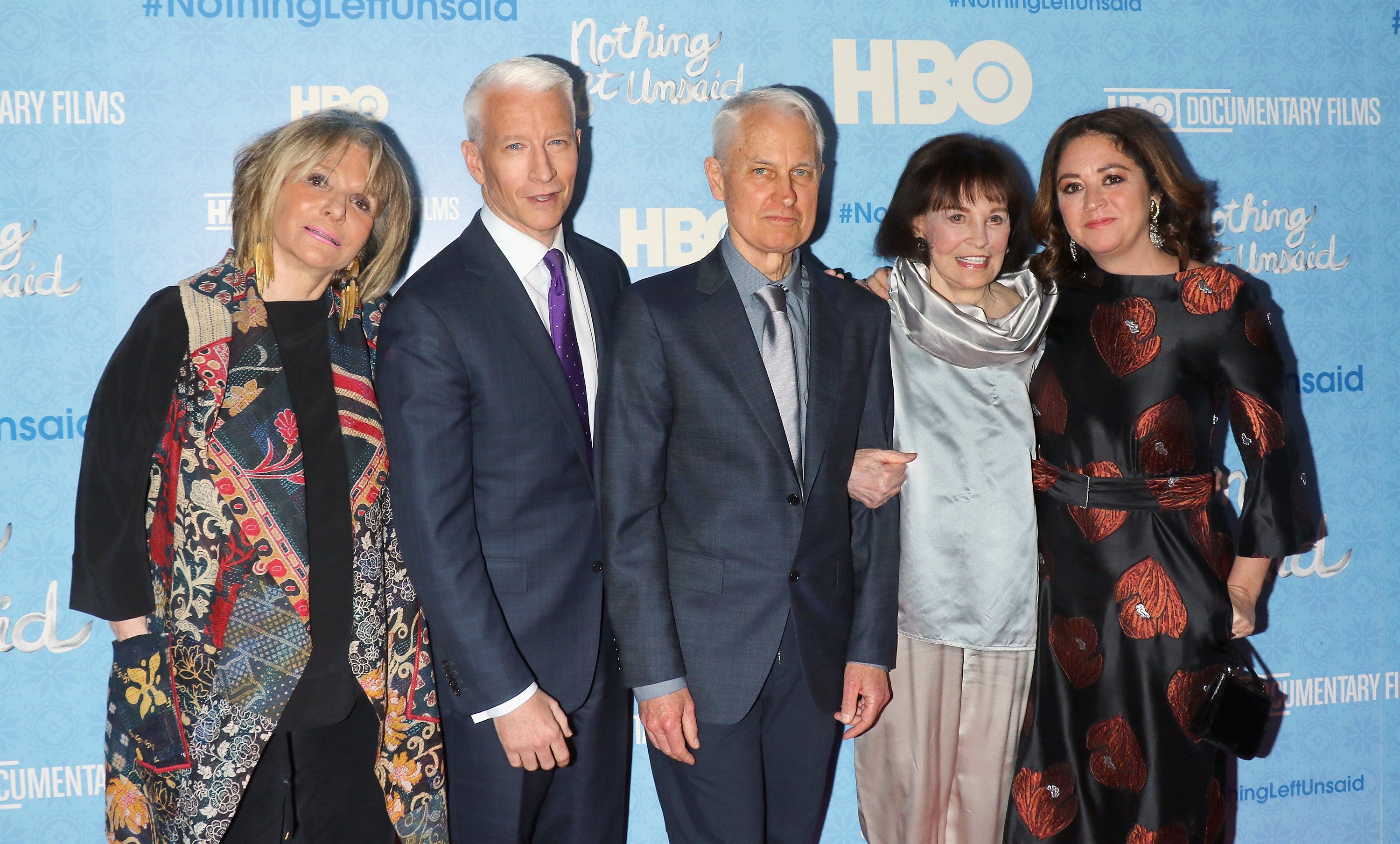 Sheila Nevins, Anderson Cooper, Stan Stokowski, Gloria Vanderbilt and Liz Garbus during the "Nothing Left Unsaid" New York premiere at Time Warner Center on April 4, 2016, in New York City. | Source: Getty Images