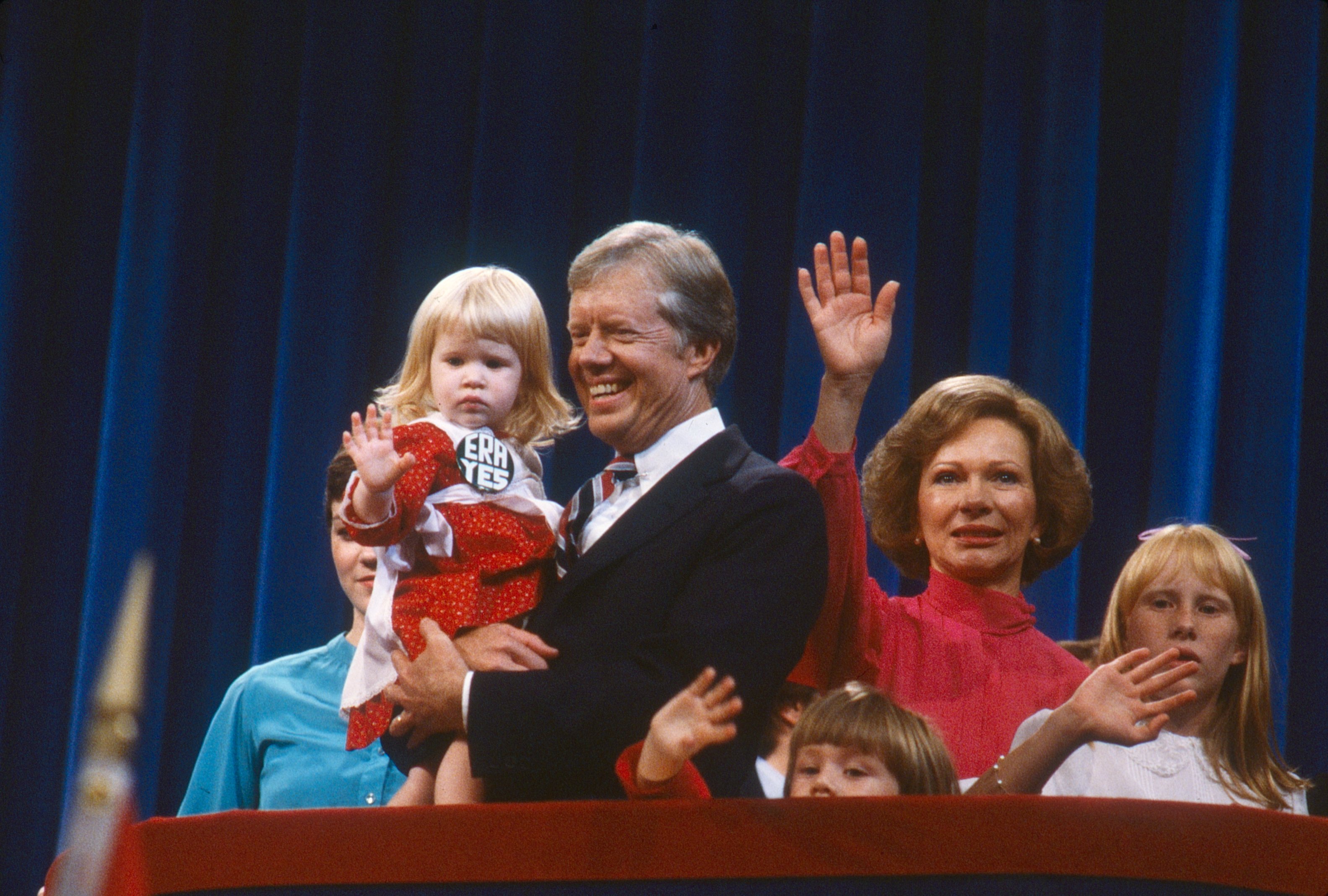 Former president Jimmy Carter with Sarah Carter, First Lady Rosalynn Carter, Amy Carter, and others along with others, on stage at the 1980 National Democratic Convention which took place at Madison Square Garden in New York, NY, from August 11 to 14, 1980. | Source: Getty Images 