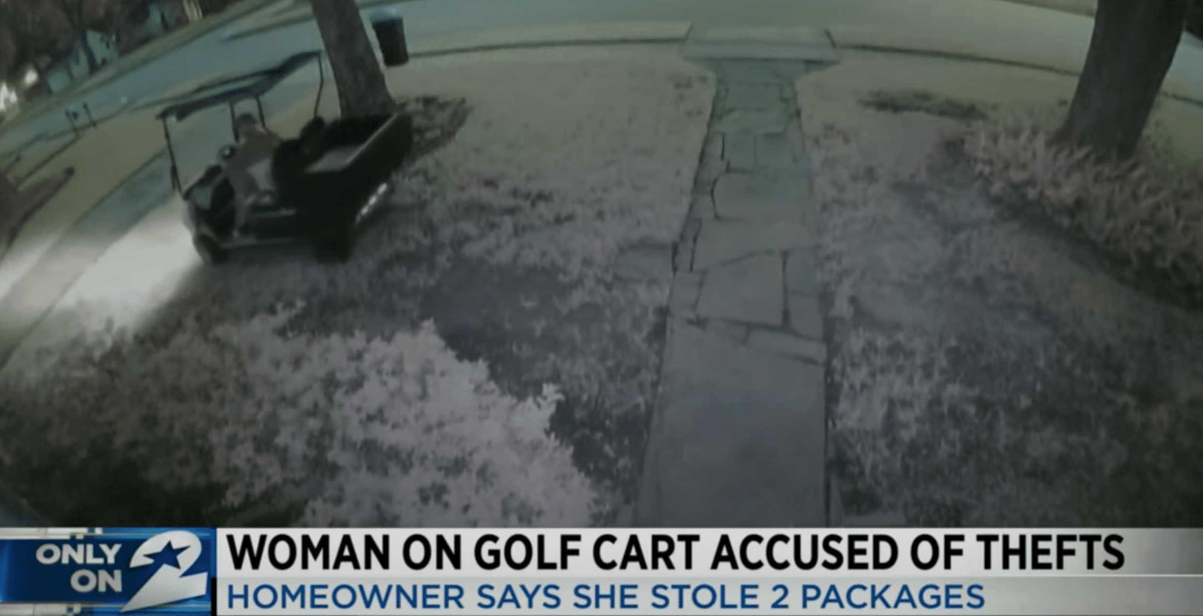 The alleged porch pirate is seen as she takes off with the packages in her golf cart | Photo: Youtube/KPRC 2 Click2Houston