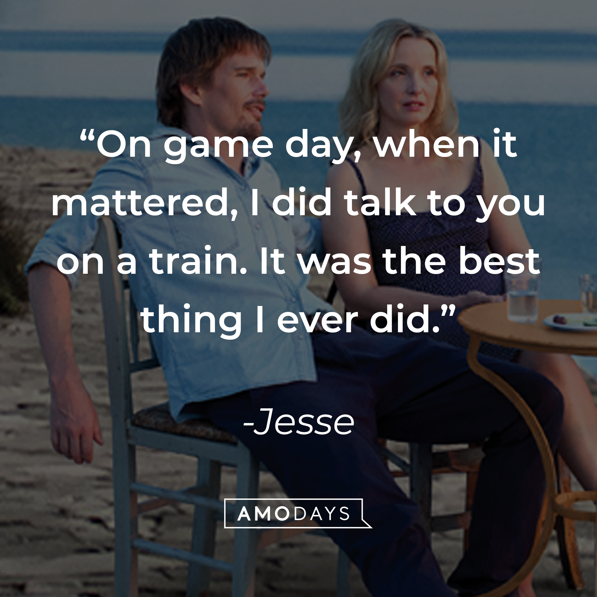 Jesse and Celine, with Jesse’s quote: “On game day, when it mattered, I did talk to you on a train. It was the best thing I ever did.” │Source: facebook.com/BeforeMidnightFilm