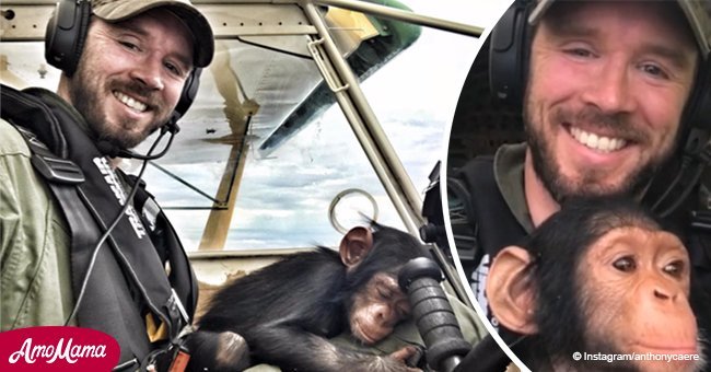 See the moment a rescued chimp bonds with the pilot who flew him to safety