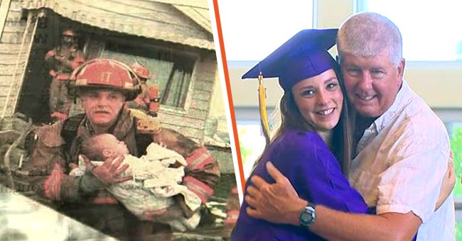 Mike Hughes carrying Dawnielle Davison out of a fire when she was a baby [left]; Mike Hughes hugging Dawnielle Davison on the day of her graduation [right]. │ Source: twitter.com/9NewsPerth twitter.com/Independent