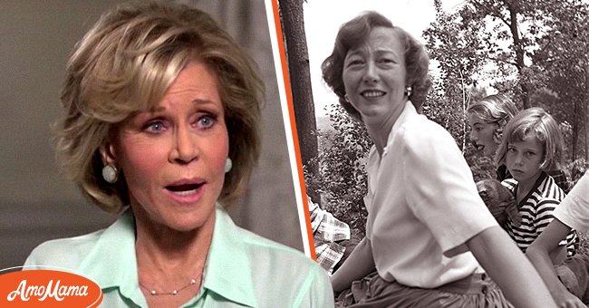 Jane Fonda in an interview on September 21, 2018 (left), Jane Fonda, Frances de Villers Brokaw, Frances Fonda, and Henry Fonda enjoying a picnic in 1949 (right) | Photo: Youtube.com/People Getty Images