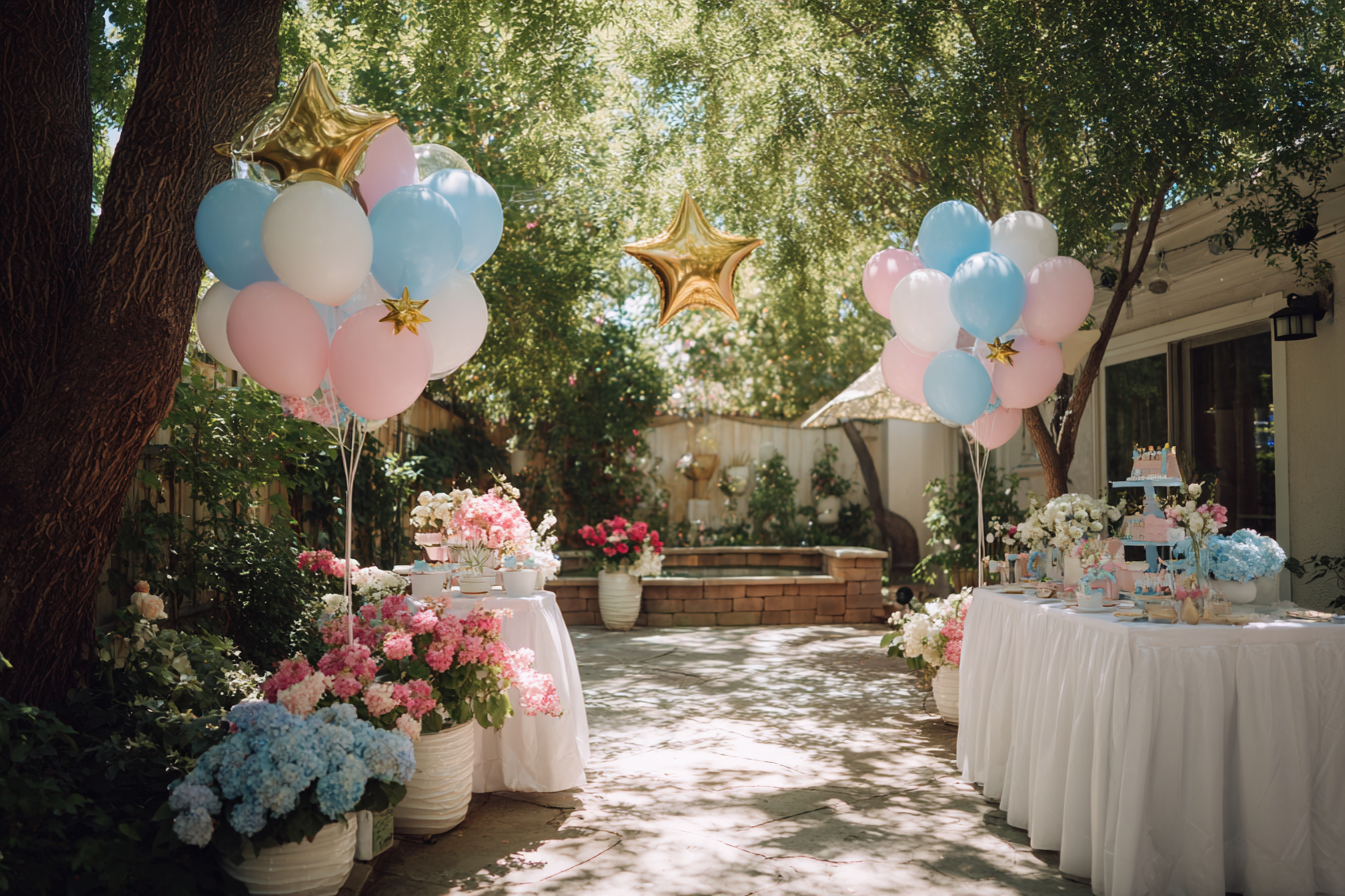 A gender reveal party setup in a backyard | Source: Midjourney