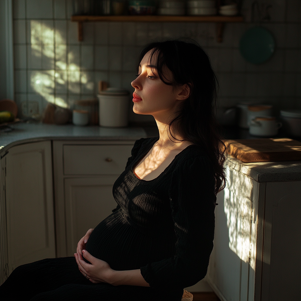 A hopeful pregnant woman in her kitchen | Source: Midjourney