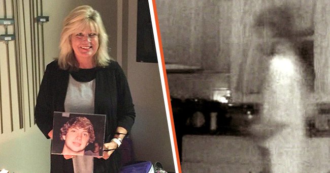 Jennifer Hodge holding a portrait of her late son, Robbie [left] The transparent figure captured by Jennifer Hodges home security camera [right]. | Photo:  facebook.com/jenhodge007