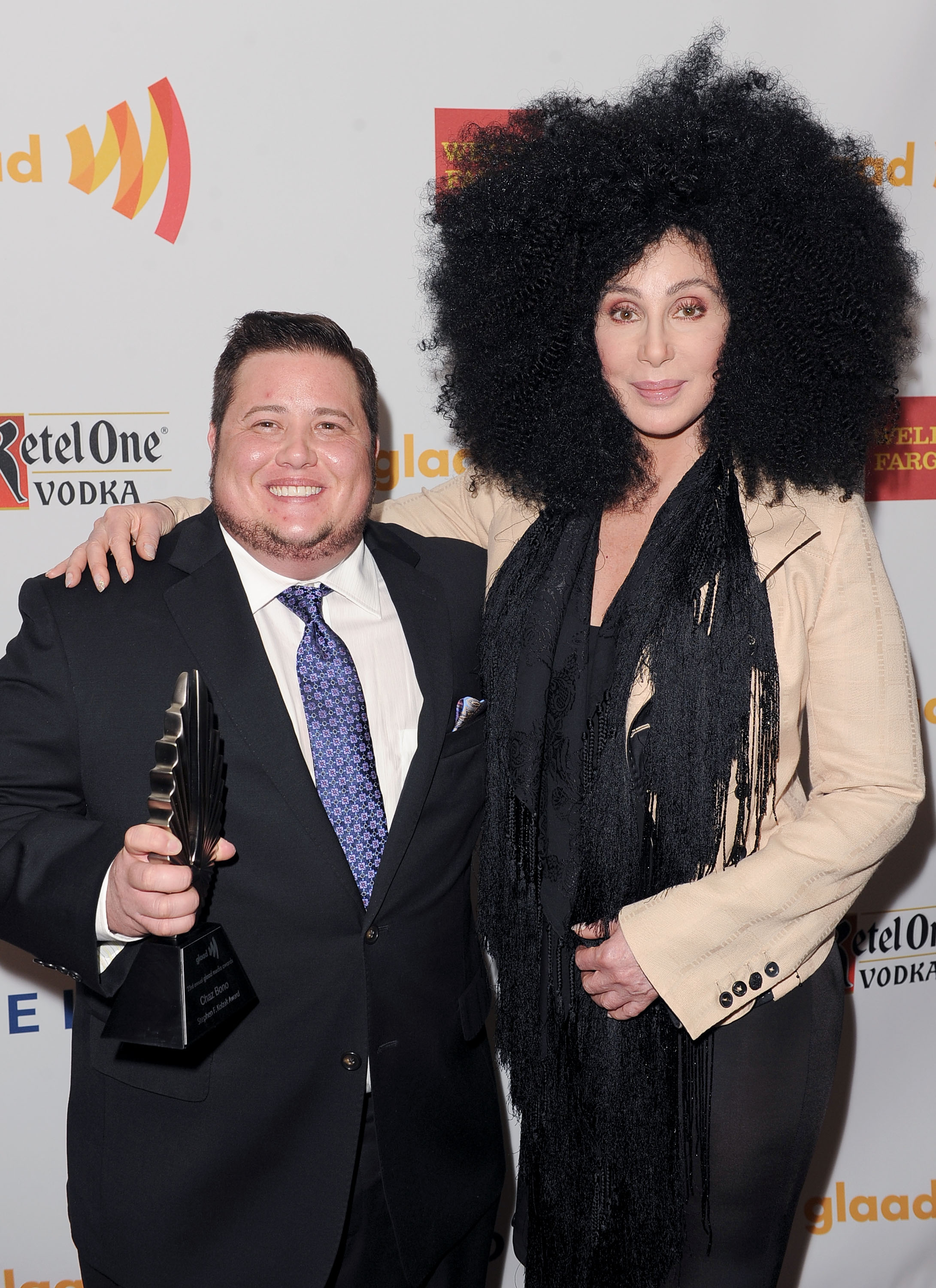 Chaz Bono and Cher backstage at the 23rd Annual GLAAD Media Awards presented by Ketel One and Wells Fargo held at Westin Bonaventure Hotel in Los Angeles, California, on April 21, 2012. | Source: Getty Images