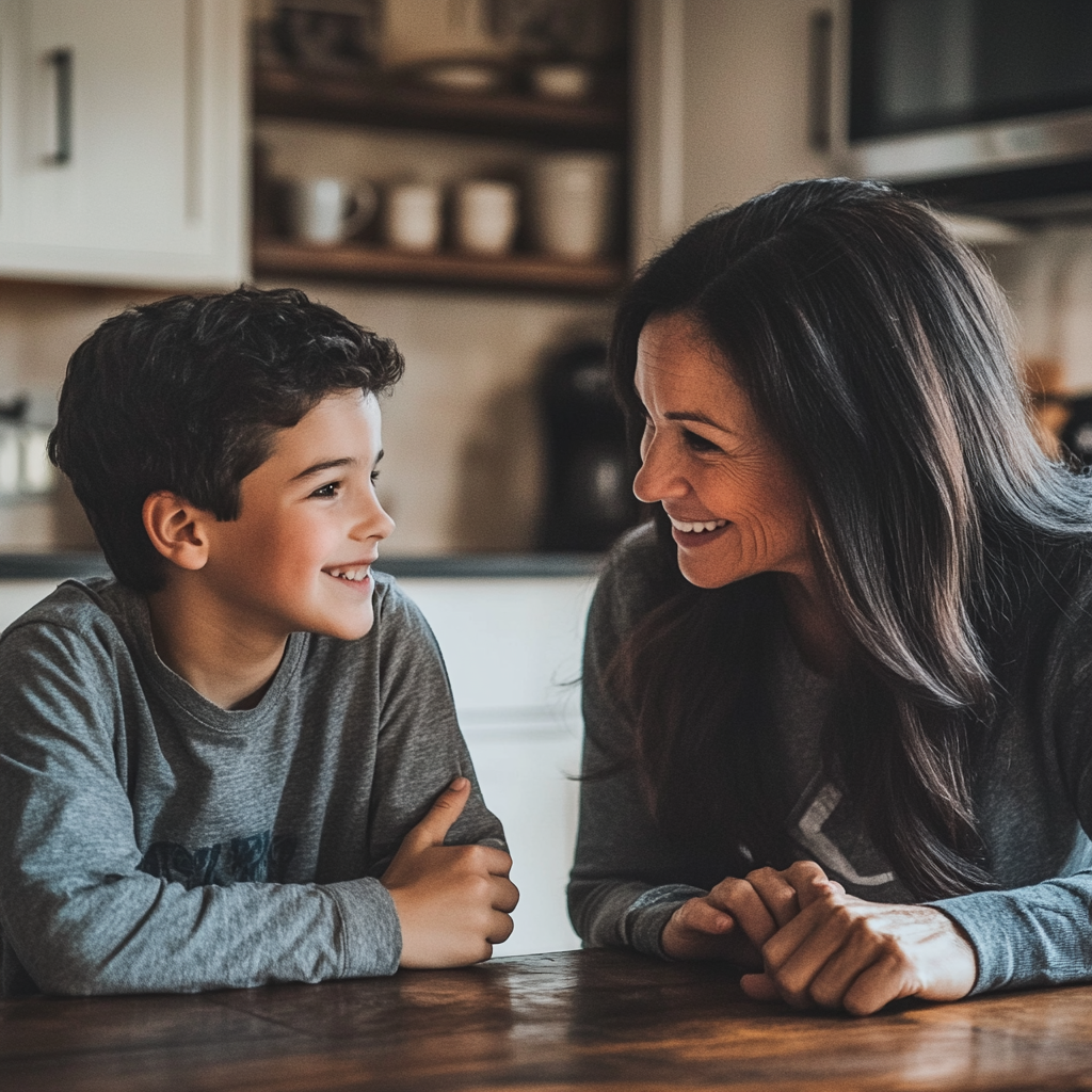 A woman talking to her son in her kitchen | Source: Midjourney