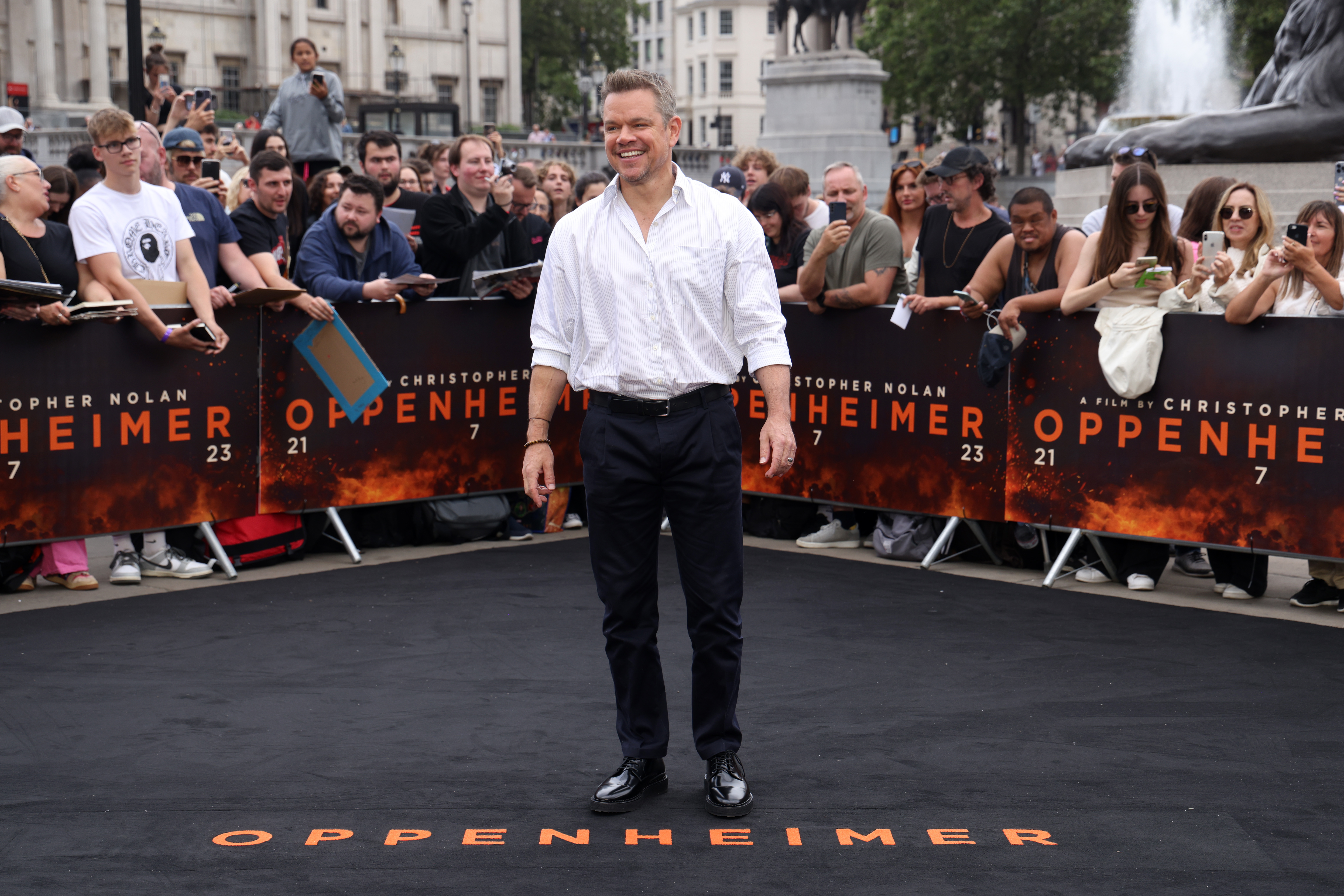 Matt Damon at the London photocall for "Oppenheimer" at Trafalgar Square on July 12, 2023 in London, England. | Source: Getty Images