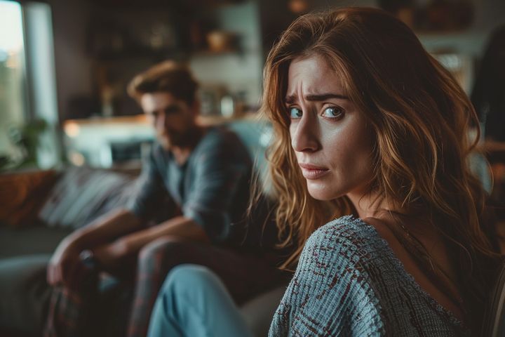 An upset woman sitting with a man | Source: Midjourney